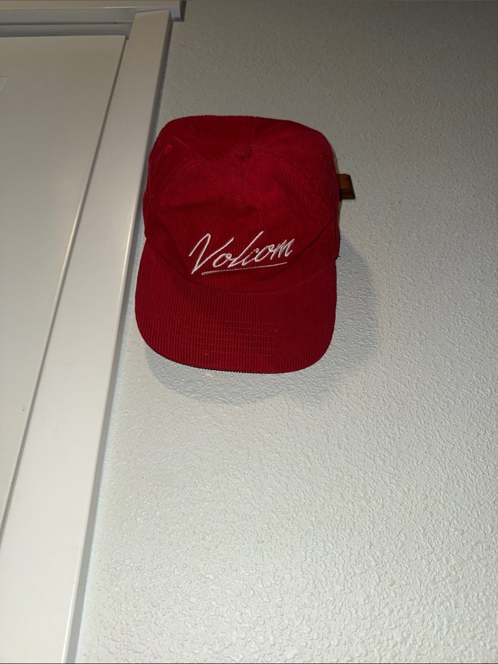 Volcom Red Corduroy Snapback Cap with Script Detail